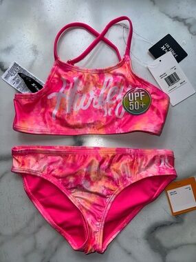 Hurley Girls Neon Pink Tie-Dye UPF 50+ Two-Piece Swim Bikini